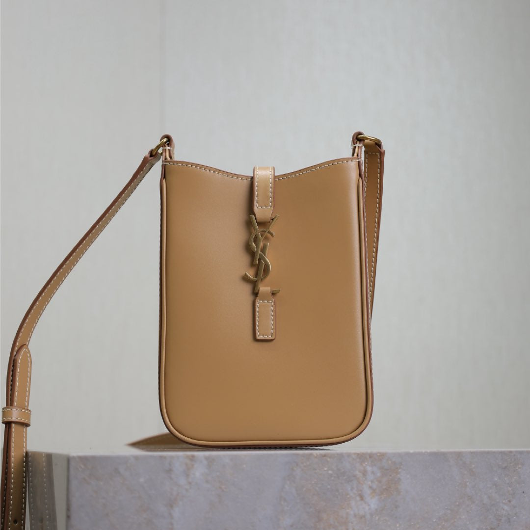 Luxury Saint Laurent LE 5 À 7 PHONE BAG 18 IN CIDER BROWN CALFSKIN