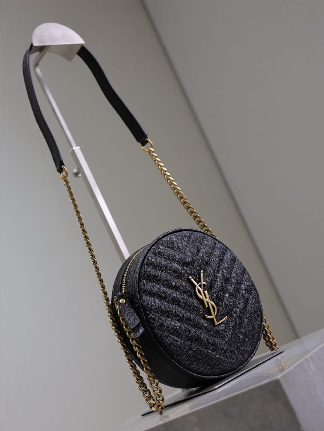 Luxury Saint Laurent VINYLE SMALL ROUND BAG 17 IN BLACK CAVIAR LEATHER GOLD HARDWARE
