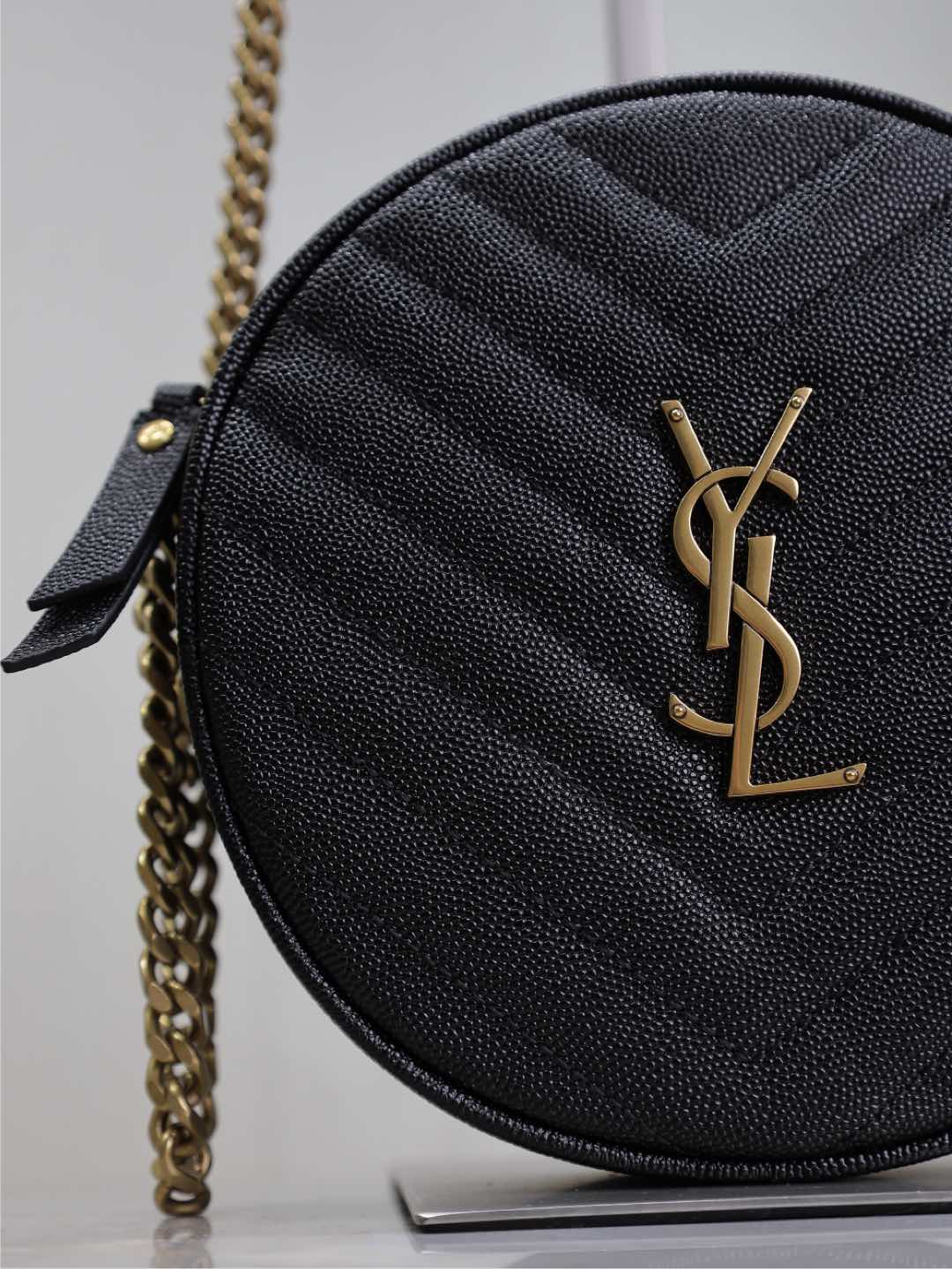 Luxury Saint Laurent VINYLE SMALL ROUND BAG 17 IN BLACK CAVIAR LEATHER GOLD HARDWARE