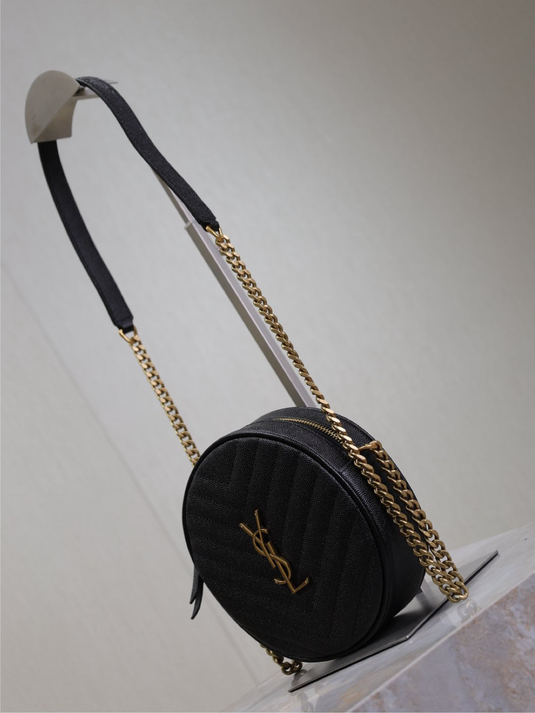 Luxury Saint Laurent VINYLE SMALL ROUND BAG 17 IN BLACK CAVIAR LEATHER GOLD HARDWARE