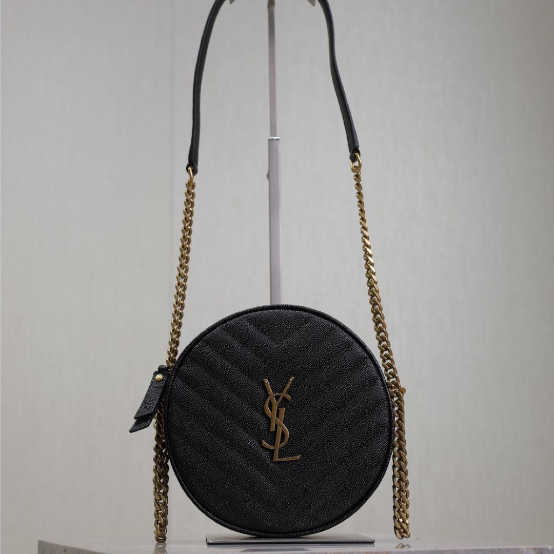 Luxury Saint Laurent VINYLE SMALL ROUND BAG 17 IN BLACK CAVIAR LEATHER GOLD HARDWARE