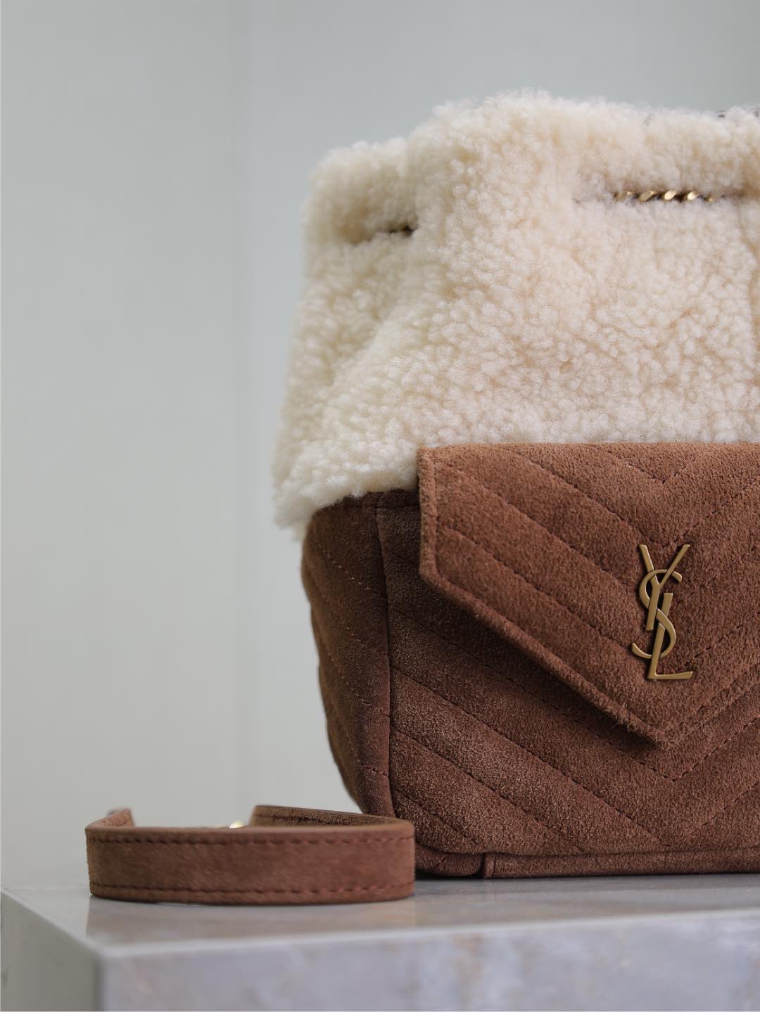 Luxury Saint Laurent JOE MINI BUCKET BAG 19 IN WHITE SHEARLING AND BROWN SUEDE