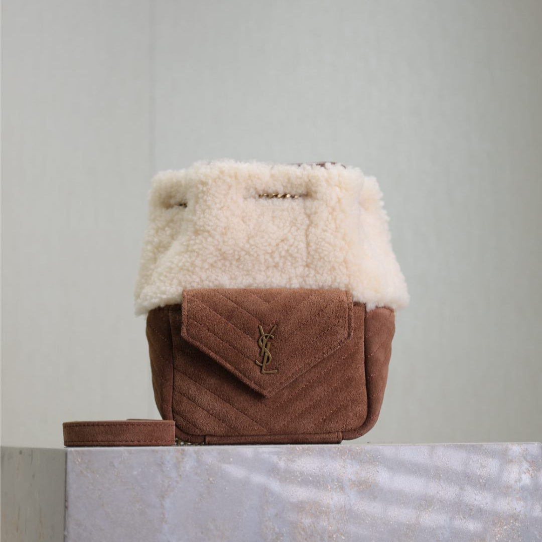Luxury Saint Laurent JOE MINI BUCKET BAG 19 IN WHITE SHEARLING AND BROWN SUEDE