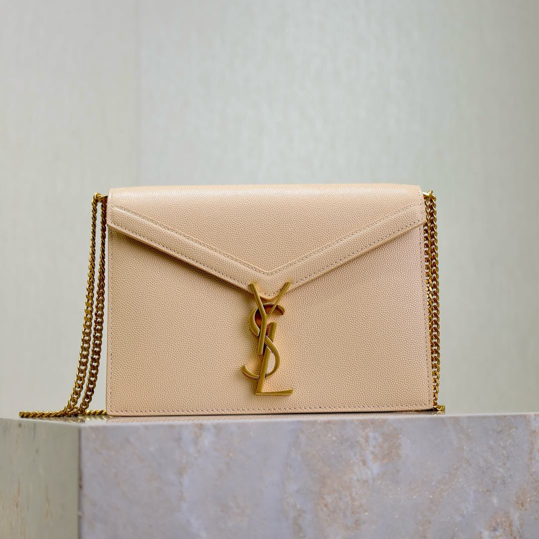 Luxury Saint Laurent CASSANDRA CHAIN BAG 22 IN APRICOT CAVIAR PATTERN CALFSKIN GOLD HARDWARE