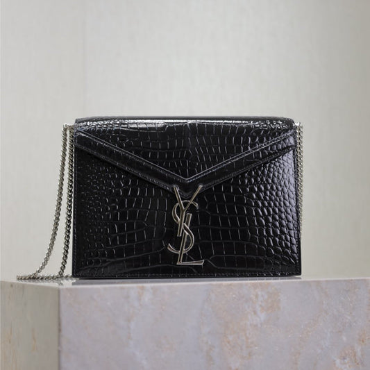 Luxury Saint Laurent CASSANDRA CHAIN BAG 22 IN BLACK CROCODILE PATTERN CALFSKIN SILVER HARDWARE