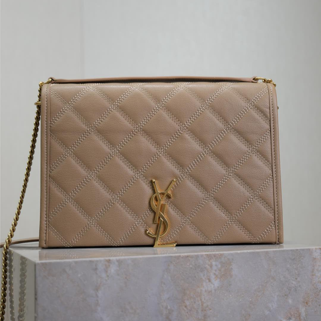 Luxury Saint Laurent BECKY 25 IN MEDIUM BROWN QUILTED LAMBSKIN GOLD HARDWARE