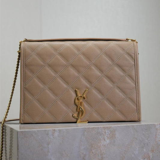 Luxury Saint Laurent BECKY 25 IN MEDIUM BROWN QUILTED LAMBSKIN GOLD HARDWARE
