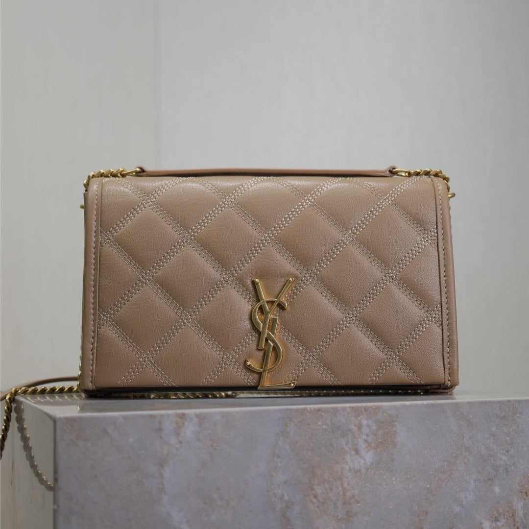 Luxury Saint Laurent BECKY 22 IN MEDIUM BROWN QUILTED LAMBSKIN GOLD HARDWARE