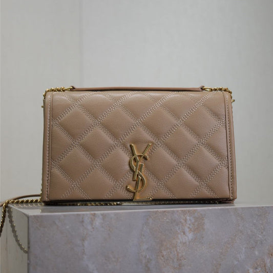 Luxury Saint Laurent BECKY 22 IN MEDIUM BROWN QUILTED LAMBSKIN GOLD HARDWARE