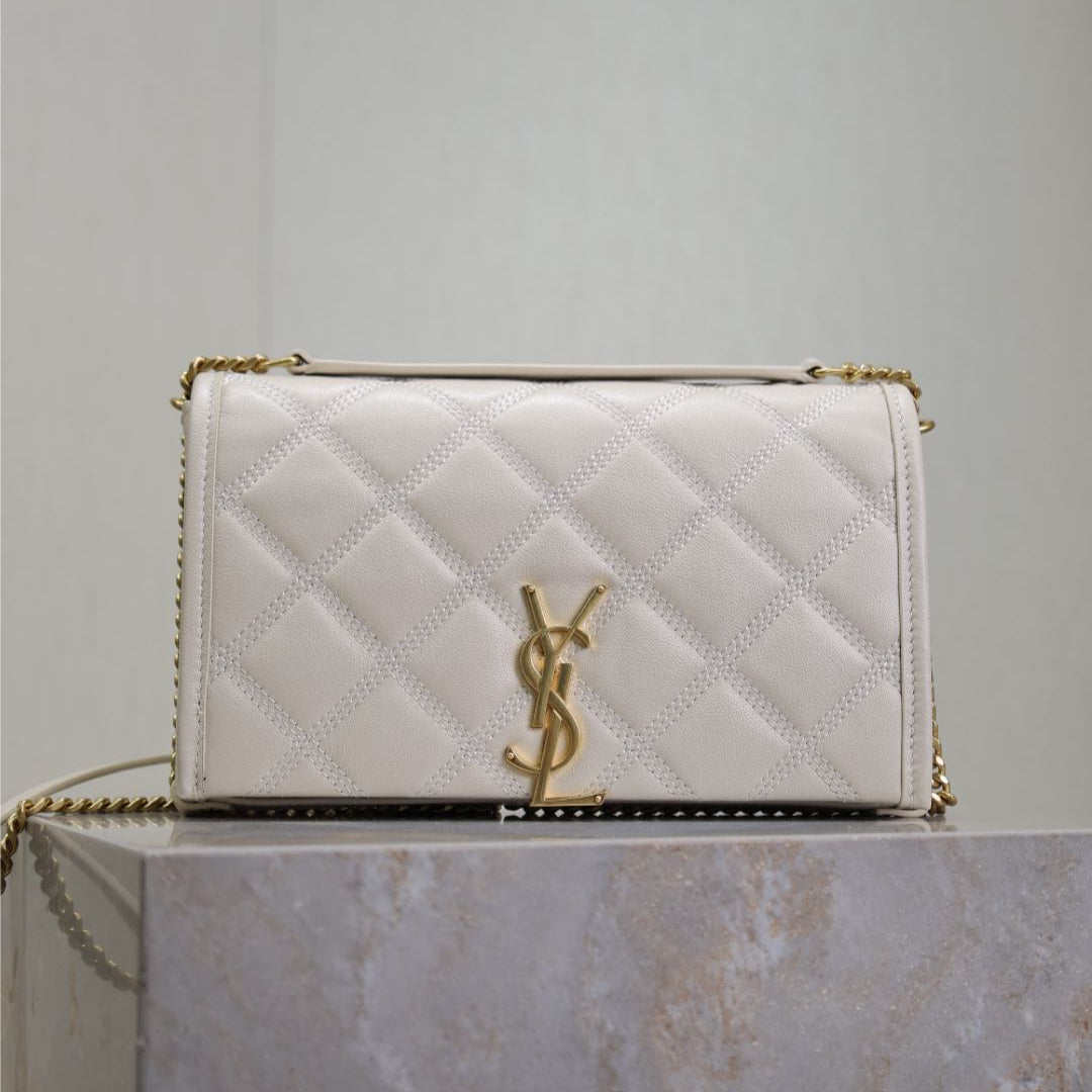 Luxury Saint Laurent BECKY 22 IN WHITE QUILTED LAMBSKIN GOLD HARDWARE