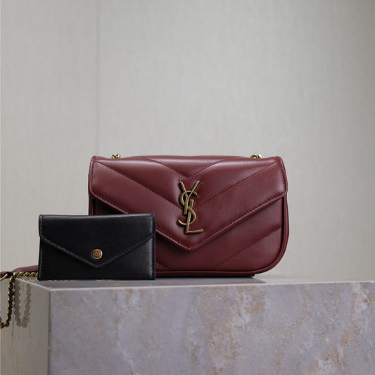 Luxury Saint Laurent LOULOU MINI 20 IN BURGUNDY RED SHEEPSKIN GOLD HARDWARE