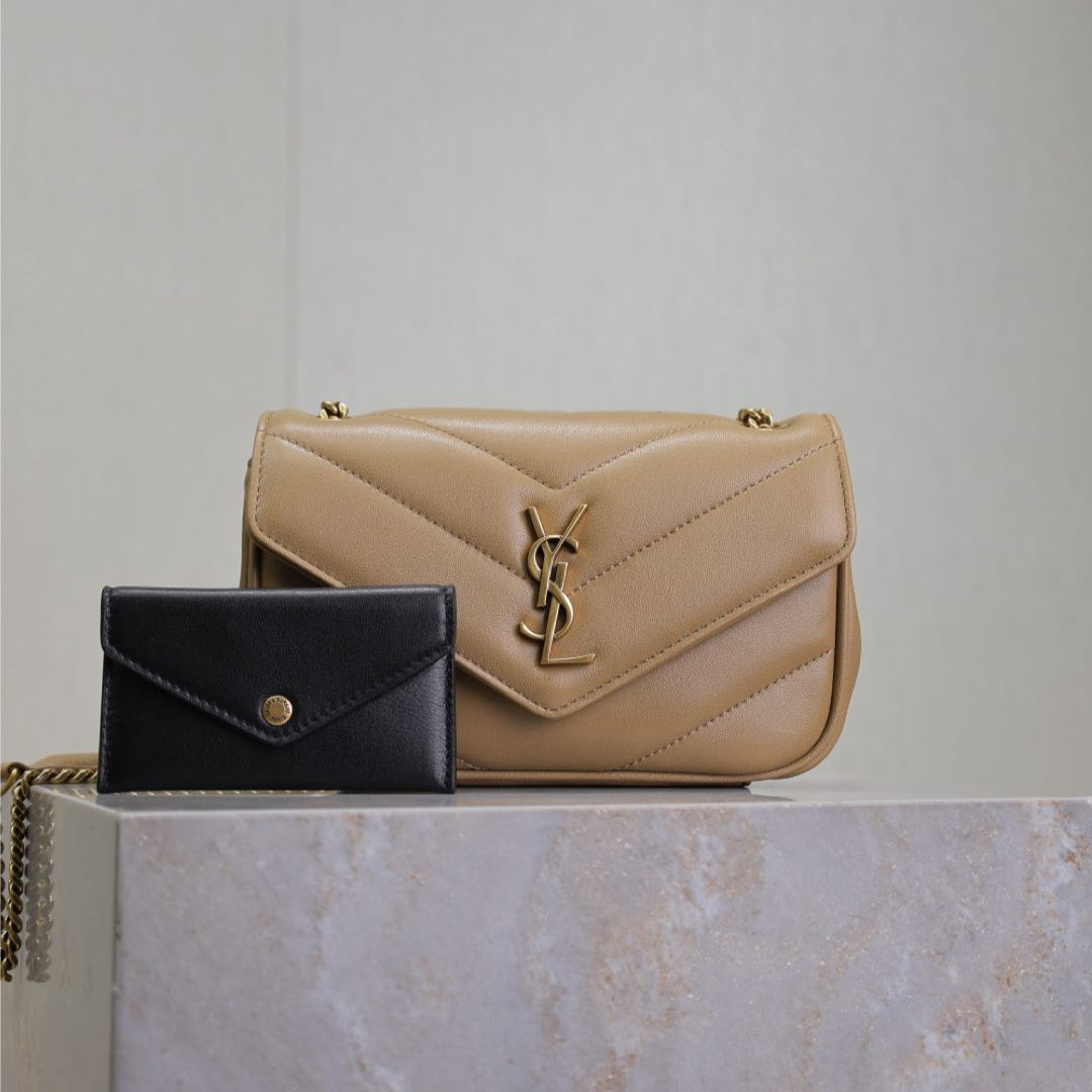 Luxury Saint Laurent LOULOU MINI 20 IN MILK TEA SHEEPSKIN GOLD HARDWARE