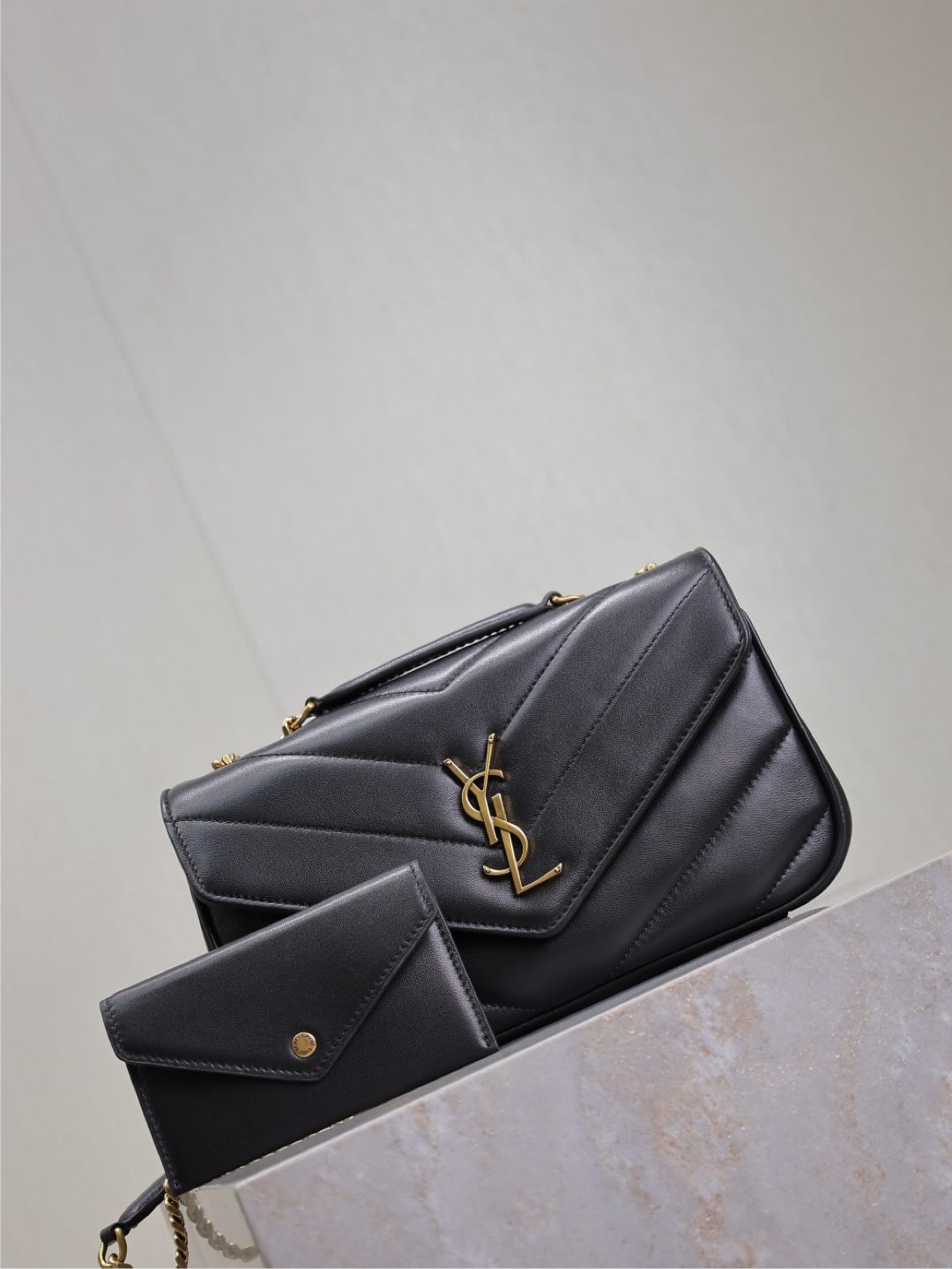 Luxury Saint Laurent LOULOU SMALL 24 IN BLACK SHEEPSKIN GOLD HARDWARE