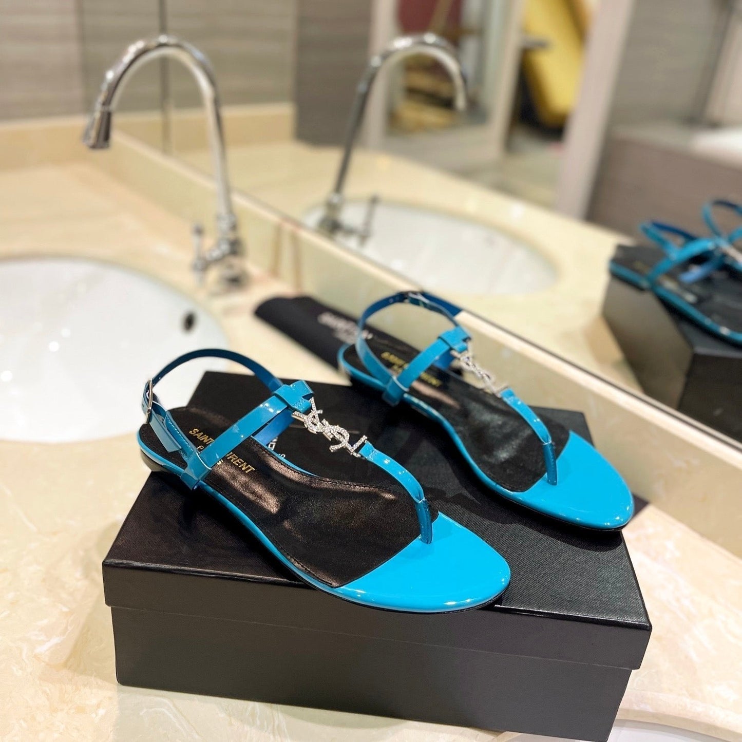 Luxury Saint Laurent SL CASSANDRA SANDALS CERULEAN POLISHED CALFSKIN