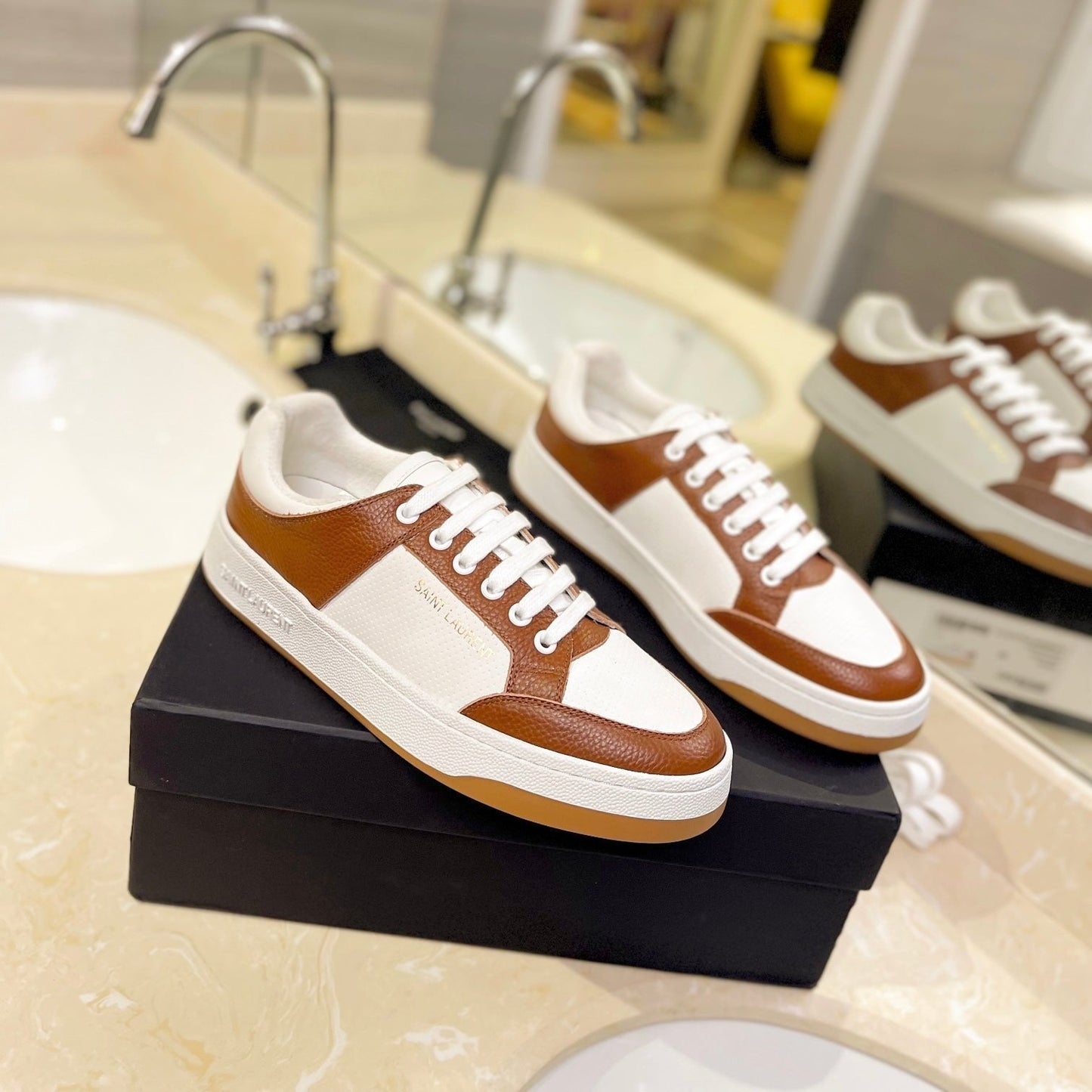 Luxury Saint Laurent SL SL/61 SNEAKERS WHITE-BROWN CALFSKIN