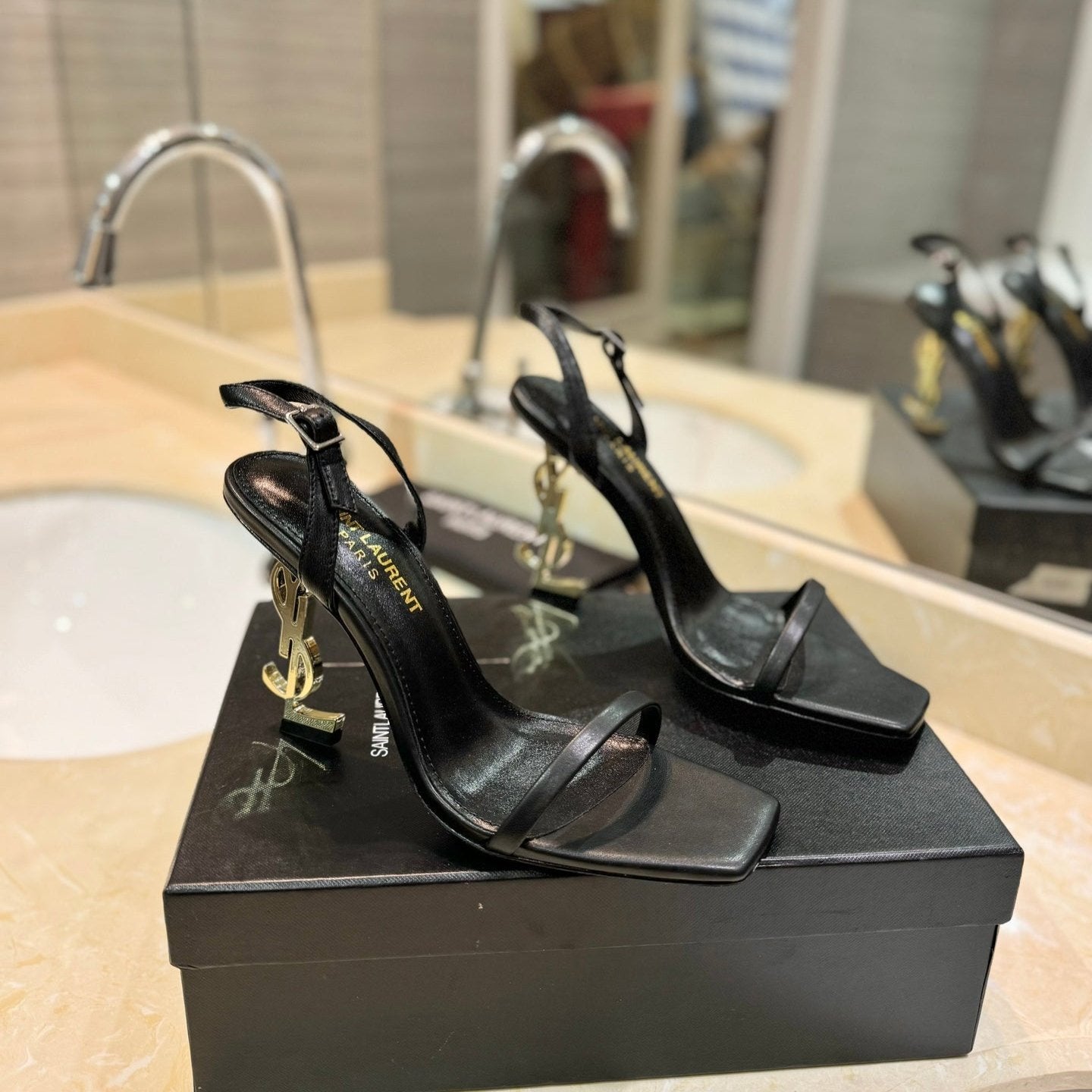 Luxury Saint Laurent SL OPYUM SANDALS 80 BLACK AND GOLD CALFSKIN