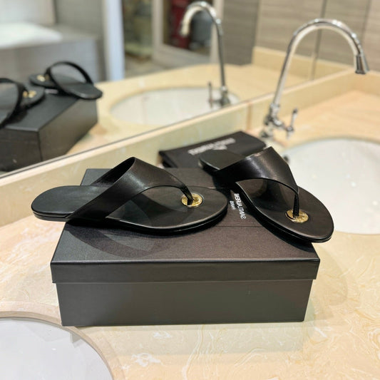 Luxury Saint Laurent SL KOUROS THONG SANDALS BLACK CALFSKIN