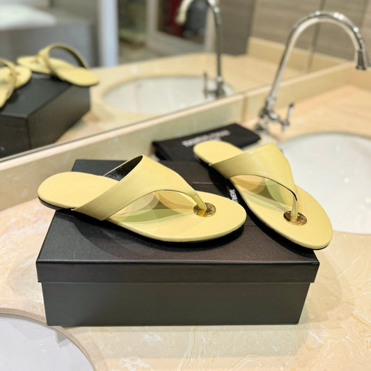 Luxury Saint Laurent SL KOUROS THONG SANDALS PASTEL YELLOW CALFSKIN