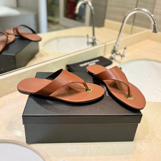 Luxury Saint Laurent SL KOUROS THONG SANDALS BROWN CALFSKIN