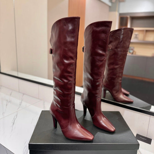 Luxury Saint Laurent CLASSIC HIGH KNEE BOOTS IN BURGUNDY RED CALFSKIN