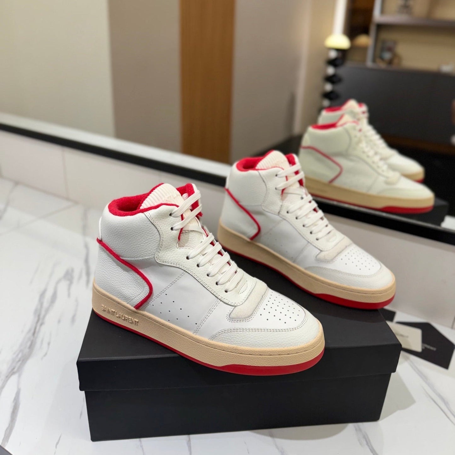 Luxury Saint Laurent MID-TOP SNEAKERS IN WHITE AND RED TRIM PERFORATED LAMBSKIN