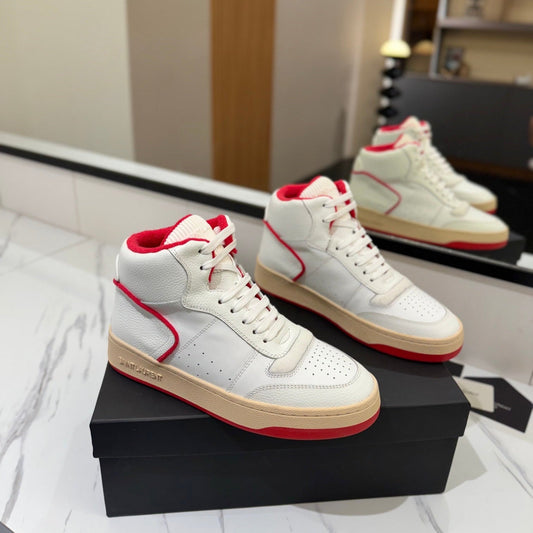 Luxury Saint Laurent MID-TOP SNEAKERS IN WHITE AND RED TRIM PERFORATED LAMBSKIN