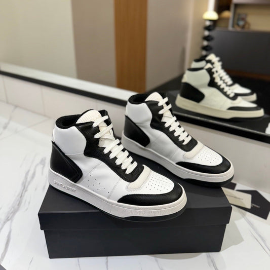 Luxury Saint Laurent MID-TOP SNEAKERS IN WHITE MIX BLACK PERFORATED LAMBSKIN