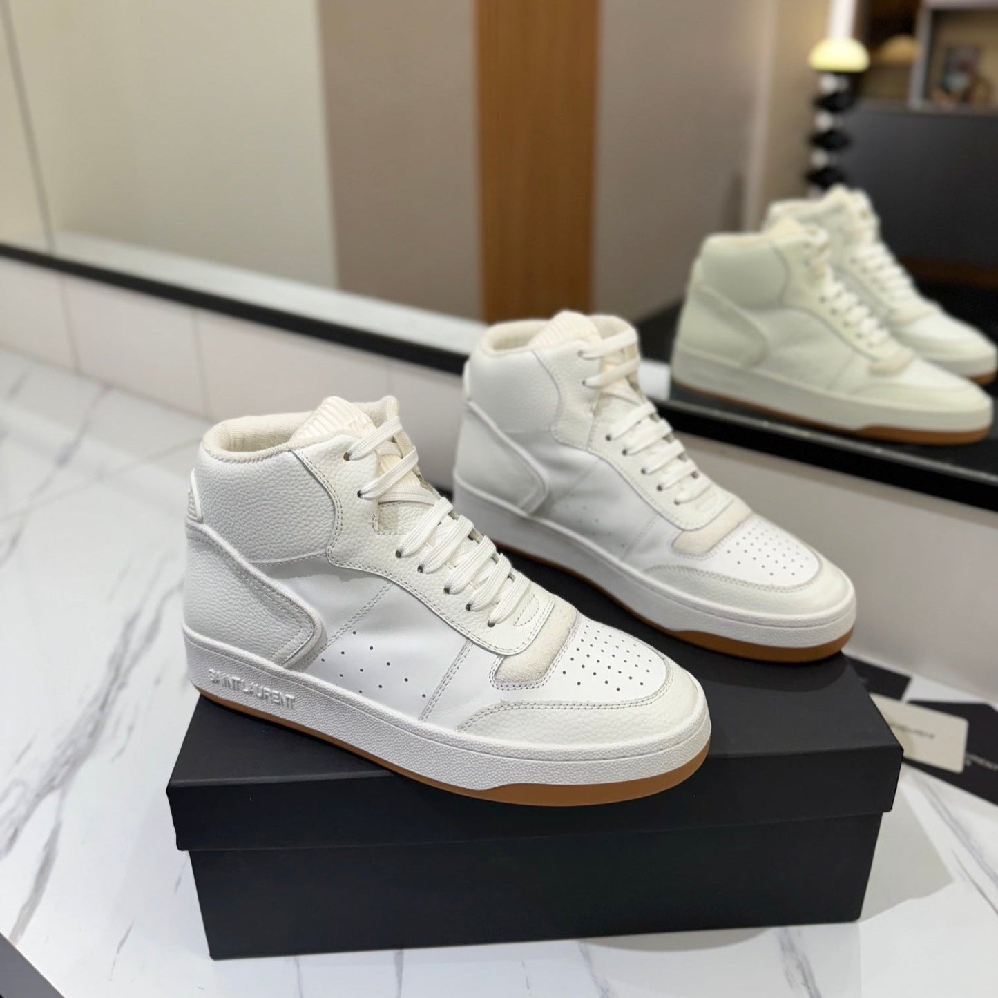 Luxury Saint Laurent MID-TOP SNEAKERS IN WHITE PERFORATED LAMBSKIN
