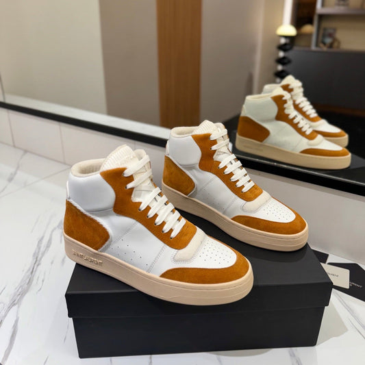 Luxury Saint Laurent MID-TOP SNEAKERS IN WHITE PERFORATED LAMBSKIN AND BRONZE ORANGE SUEDE