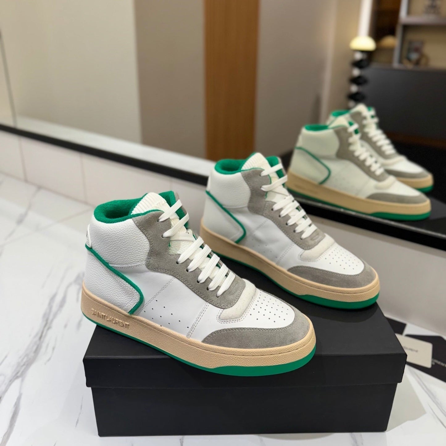 Luxury Saint Laurent MID-TOP SNEAKERS IN WHITE PERFORATED LAMBSKIN AND GRAY SUEDE