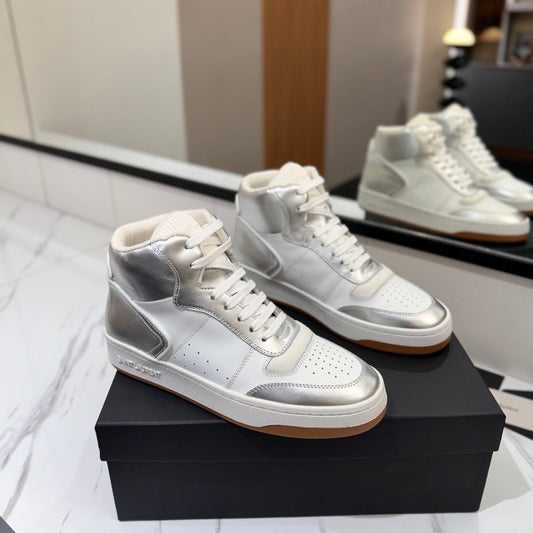 Luxury Saint Laurent MID-TOP SNEAKERS IN SILVER MIX WHITE LAMBSKIN