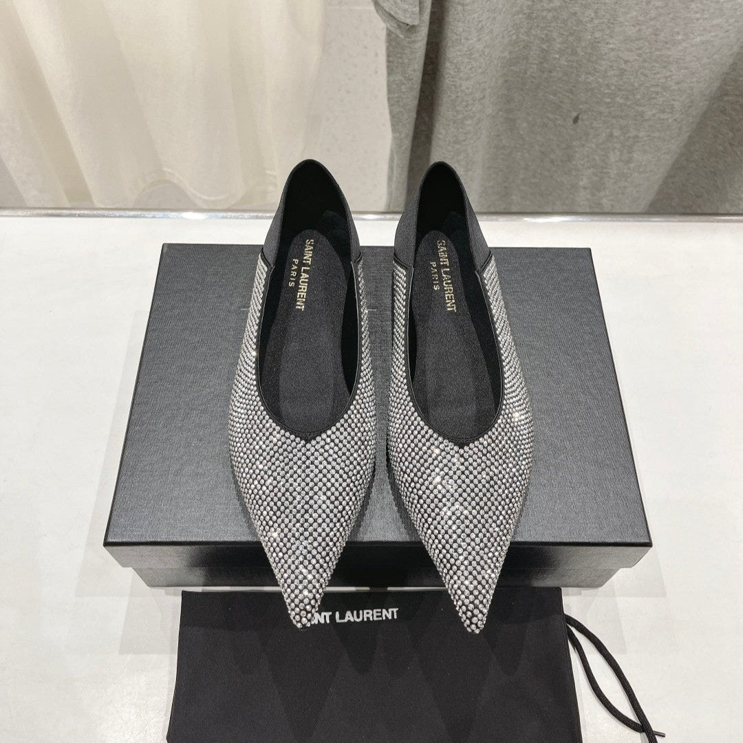 Luxury Saint Laurent SL NOUR LEOPARD POINT TOE BALLET BLACK CRYSTAL SATIN