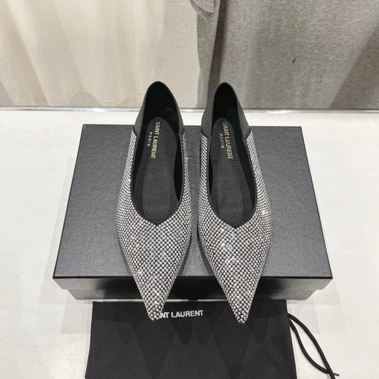 Luxury Saint Laurent SL NOUR LEOPARD POINT TOE BALLET BLACK CRYSTAL SATIN