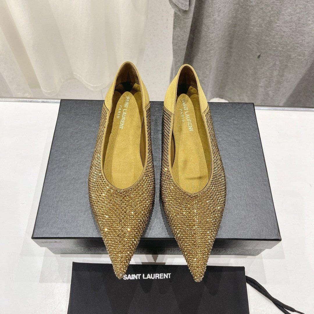 Luxury Saint Laurent SL NOUR LEOPARD POINT TOE BALLET MUSTARD CRYSTAL SATIN