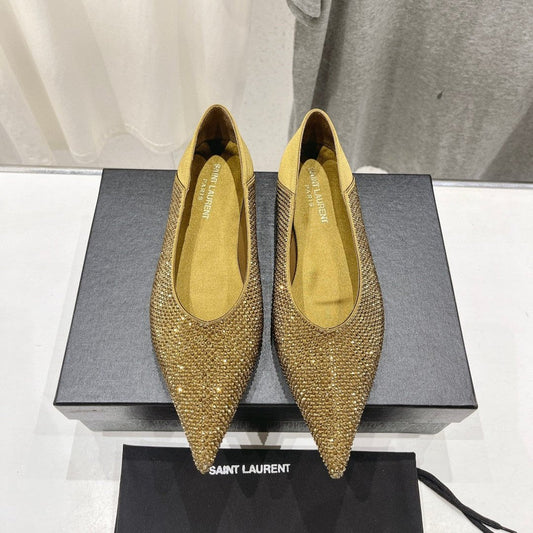 Luxury Saint Laurent SL NOUR LEOPARD POINT TOE BALLET MUSTARD CRYSTAL SATIN