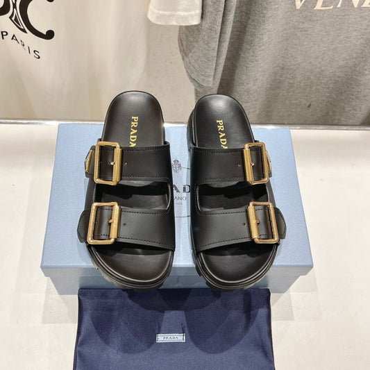 Luxury PradaSTRAP SLIDES SANDALS BLACK CALFSKIN