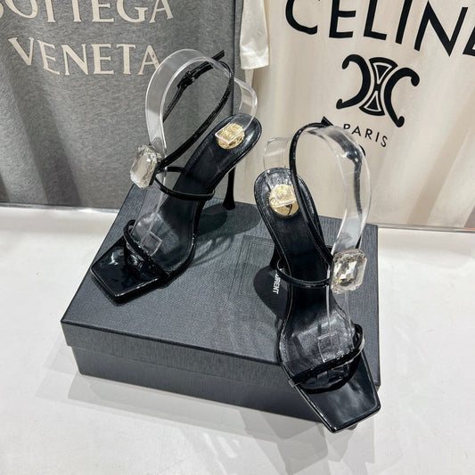 Luxury Saint Laurent HIGH HEEL SANDALS IN BLACK GLOSSY CALFSKIN WTH STRAPS ATTACHED GEM