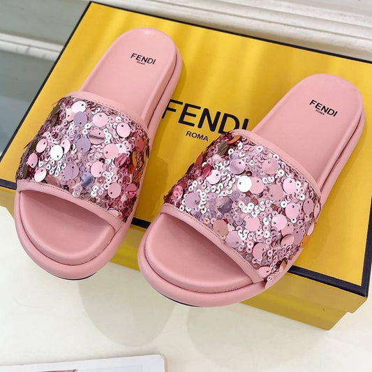 Luxury FendiLuxury FendiTHICK SOLE 3 CM SEQUIN SLIPPER ROUGH PINK