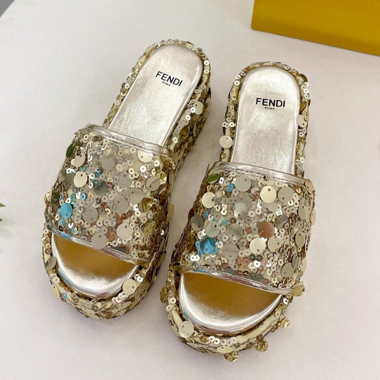 Luxury FendiLuxury FendiTHICK SOLE 6 CM SEQUIN SLIPPER GOLD