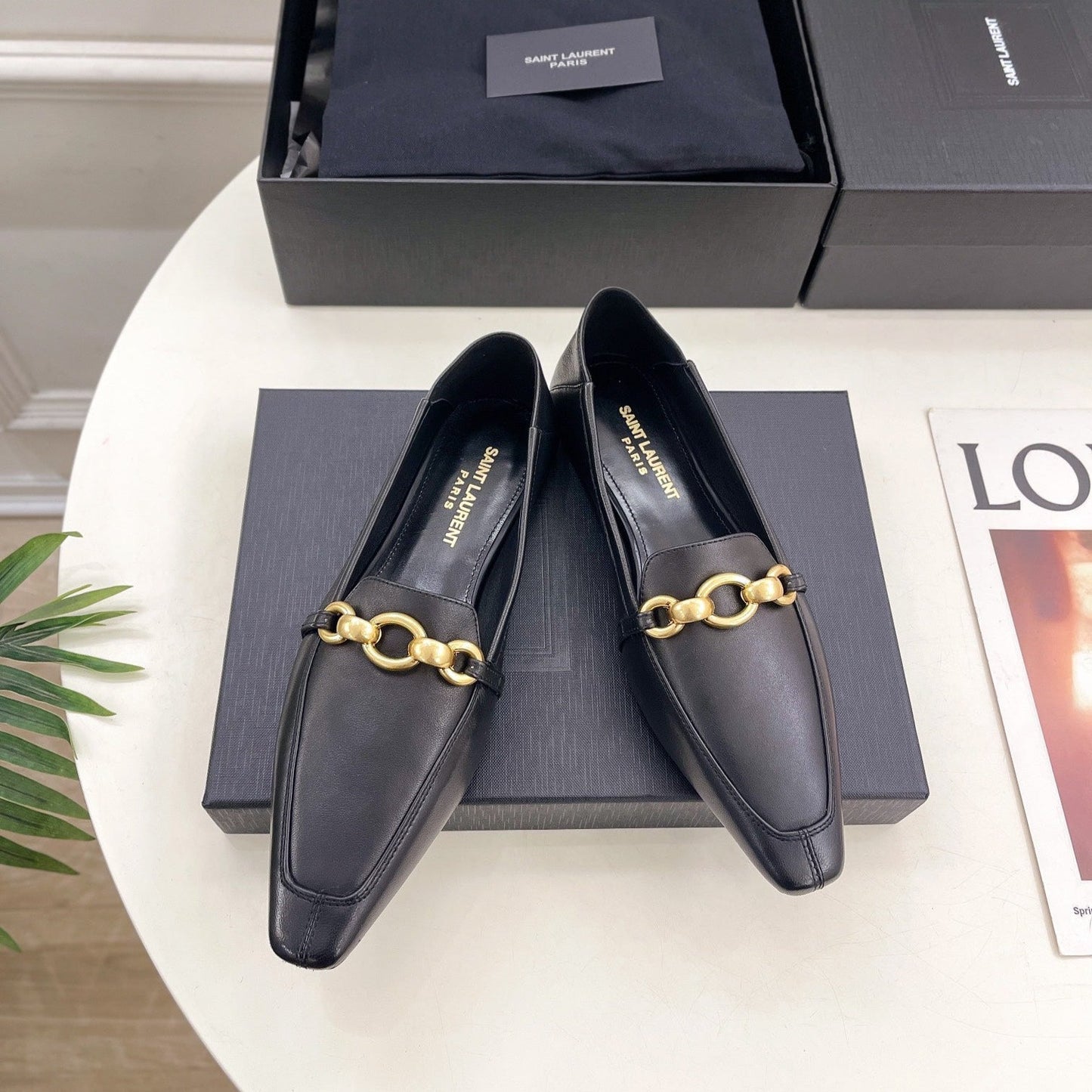 Luxury Saint Laurent FLAT LOAFERS WITH GOLD CHAIN IN BLACK SMOOTH CALFSKIN