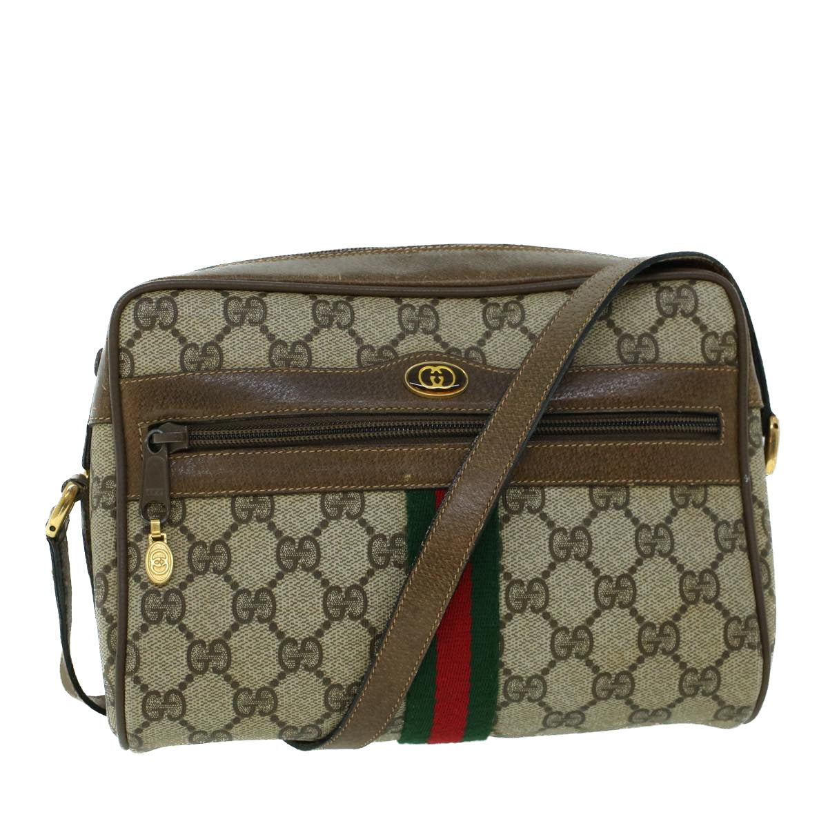 Luxury Gucci GG Canvas Web Sherry Line Shoulder Bag PVC Leather Beige Green  ki3425