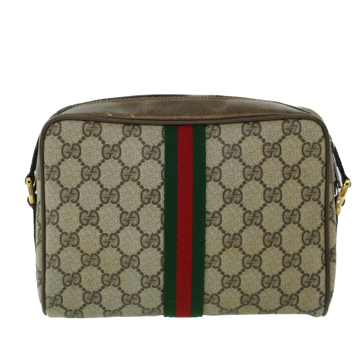 Luxury Gucci GG Canvas Web Sherry Line Shoulder Bag PVC Leather Beige Green  ki3425