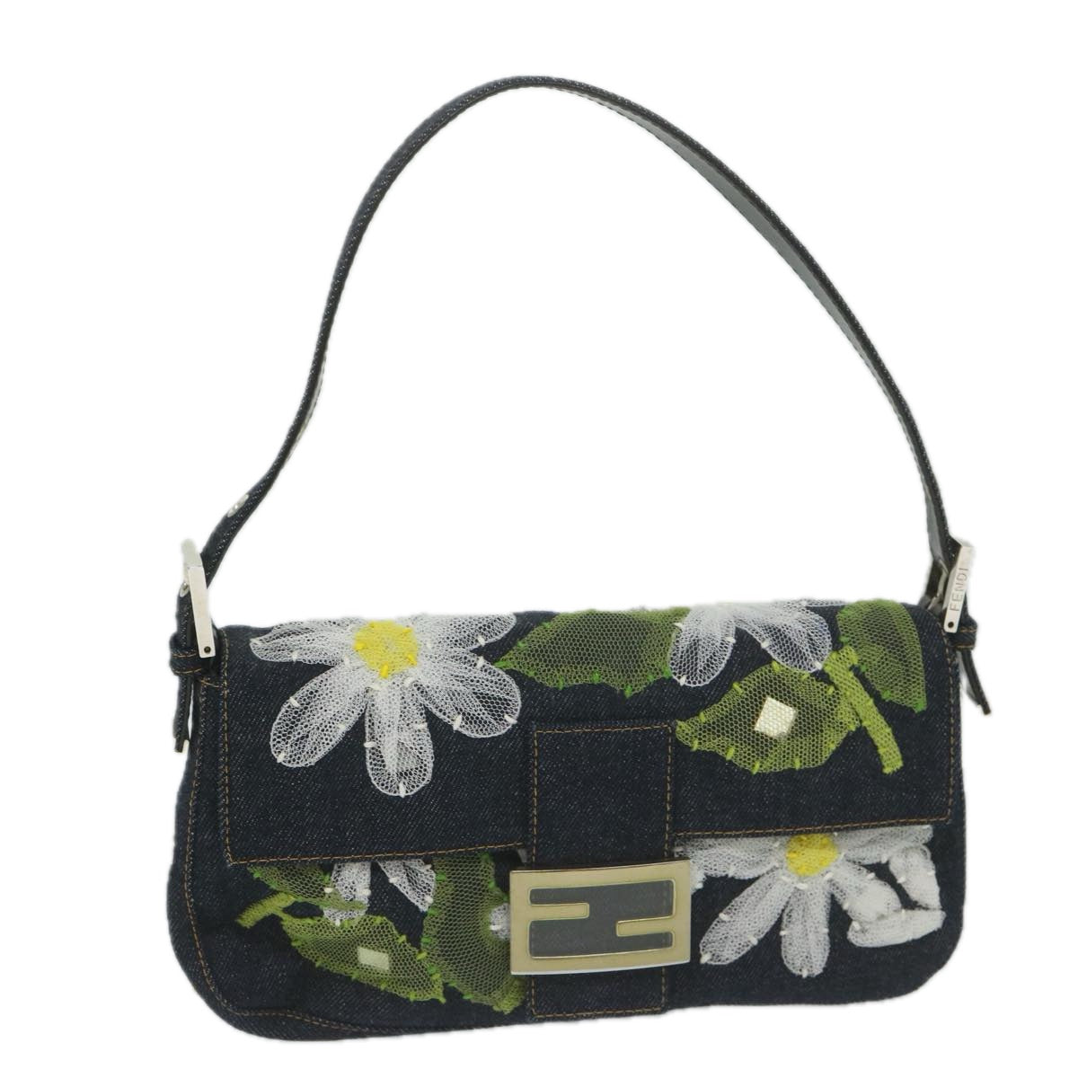Luxury FendiFlower Lace Mamma Baguette Shoulder Bag Denim Blueki3965A