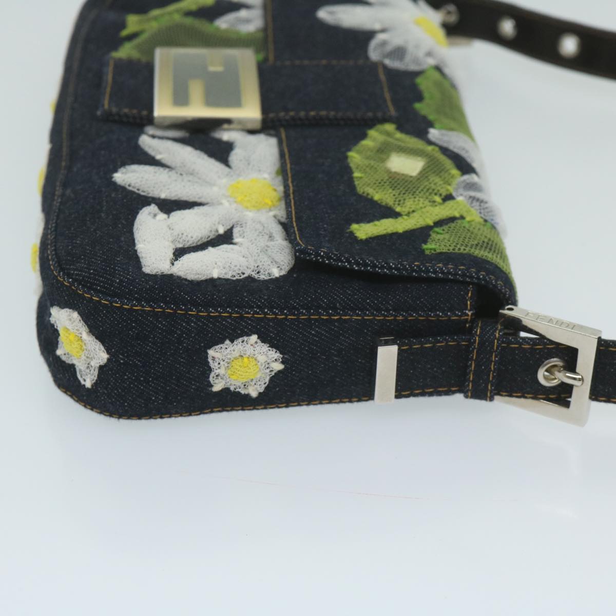 Luxury FendiFlower Lace Mamma Baguette Shoulder Bag Denim Blueki3965A