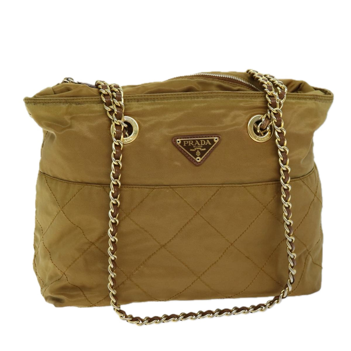 Luxury PradaQuilted Chain Shoulder Bag Nylon Beige ki4426