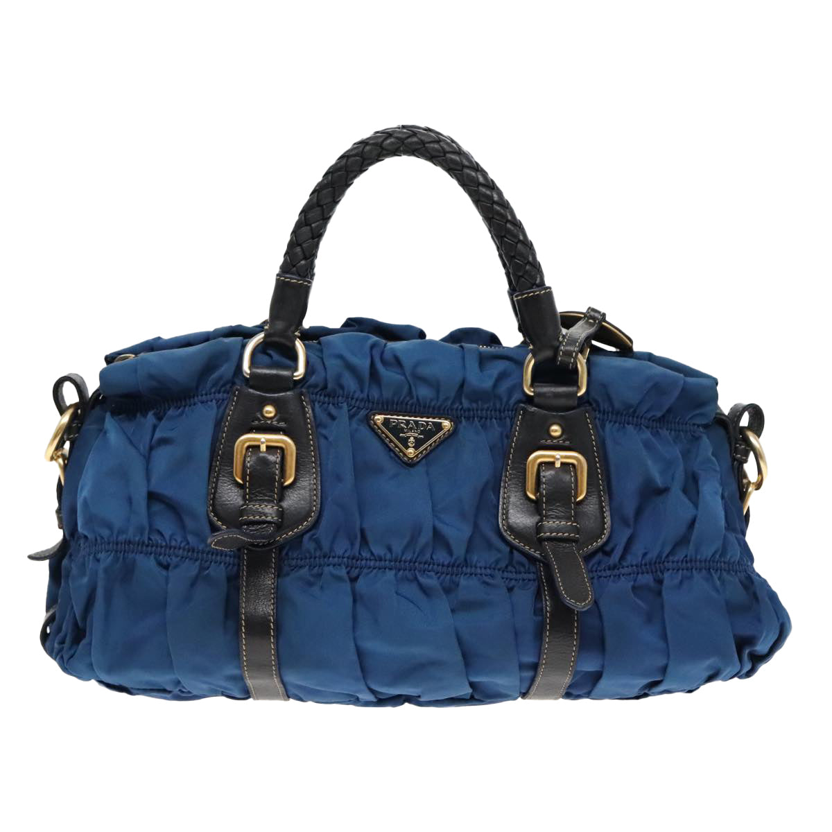 Luxury Prada Gathered Hand Bag Nylon Leather 2way Blue Gold  ki5003