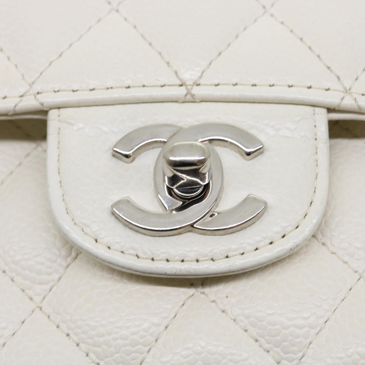 CHANEL Matelasse Double Flap Chain Shoulder Bag Caviar Skin White CC  knn085