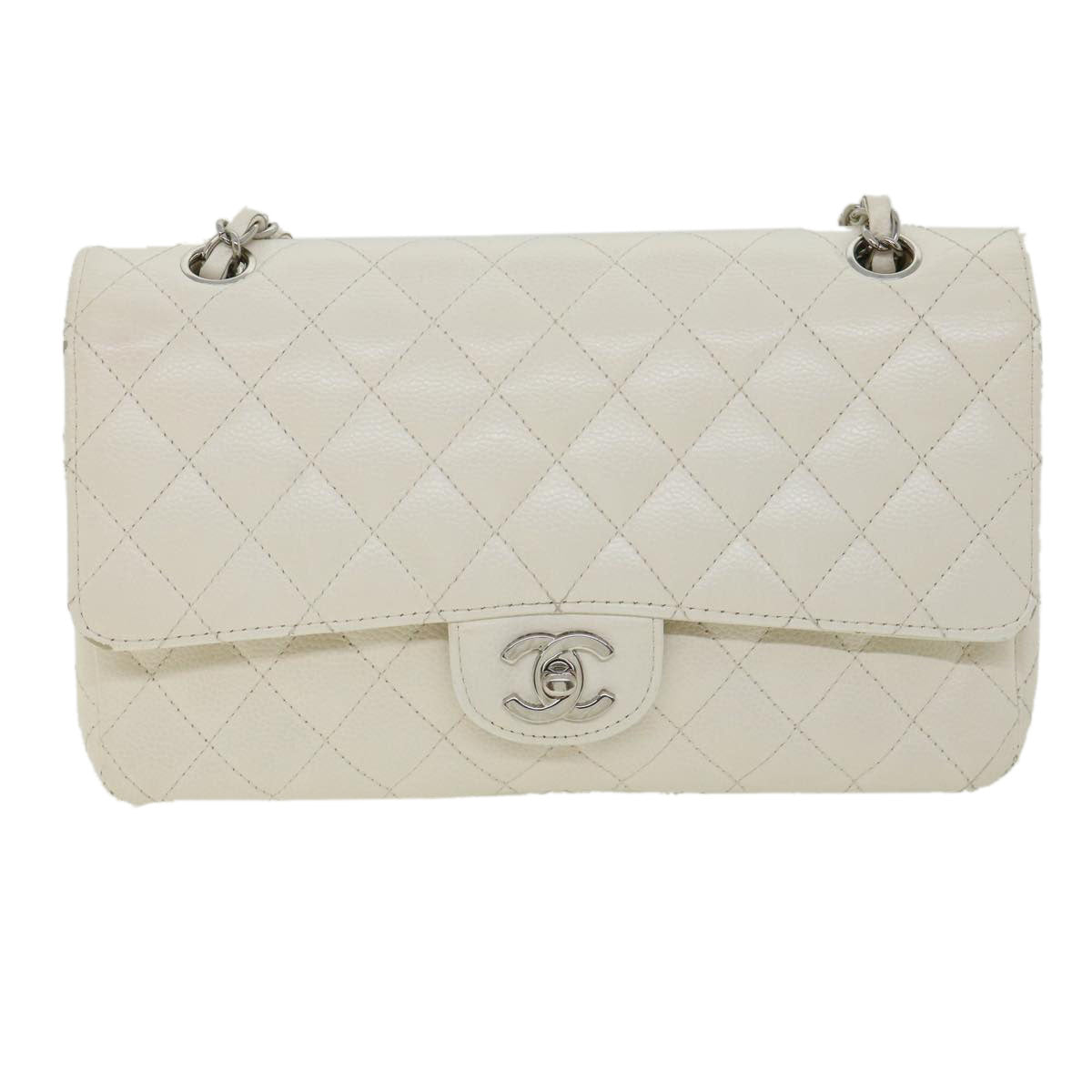 CHANEL Matelasse Double Flap Chain Shoulder Bag Caviar Skin White CC  knn085