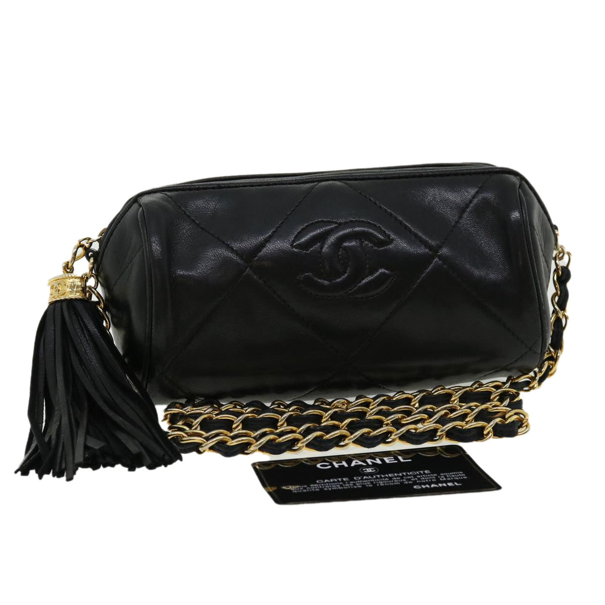 Luxury Chanel COCO Mark FringeChain Shoulder Bag Lamb Skin Black CC  knn088