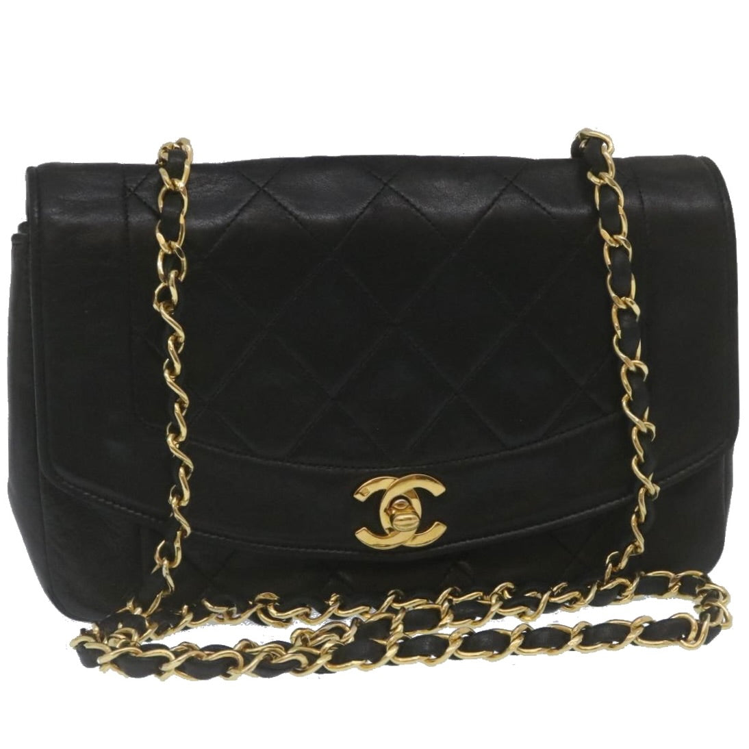 Luxury Chanel Matelasse Turn Lock Diana Chain Shoulder Bag Lamb Skin Black  lt403A